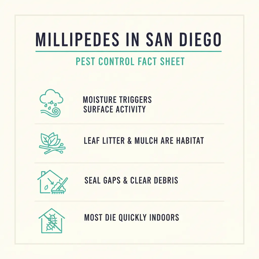 Fact sheet on San Diego millipedes: moisture triggers surface activity, leaf litter and mulch are habitat, seal gaps and clear debris, and most die quickly indoors