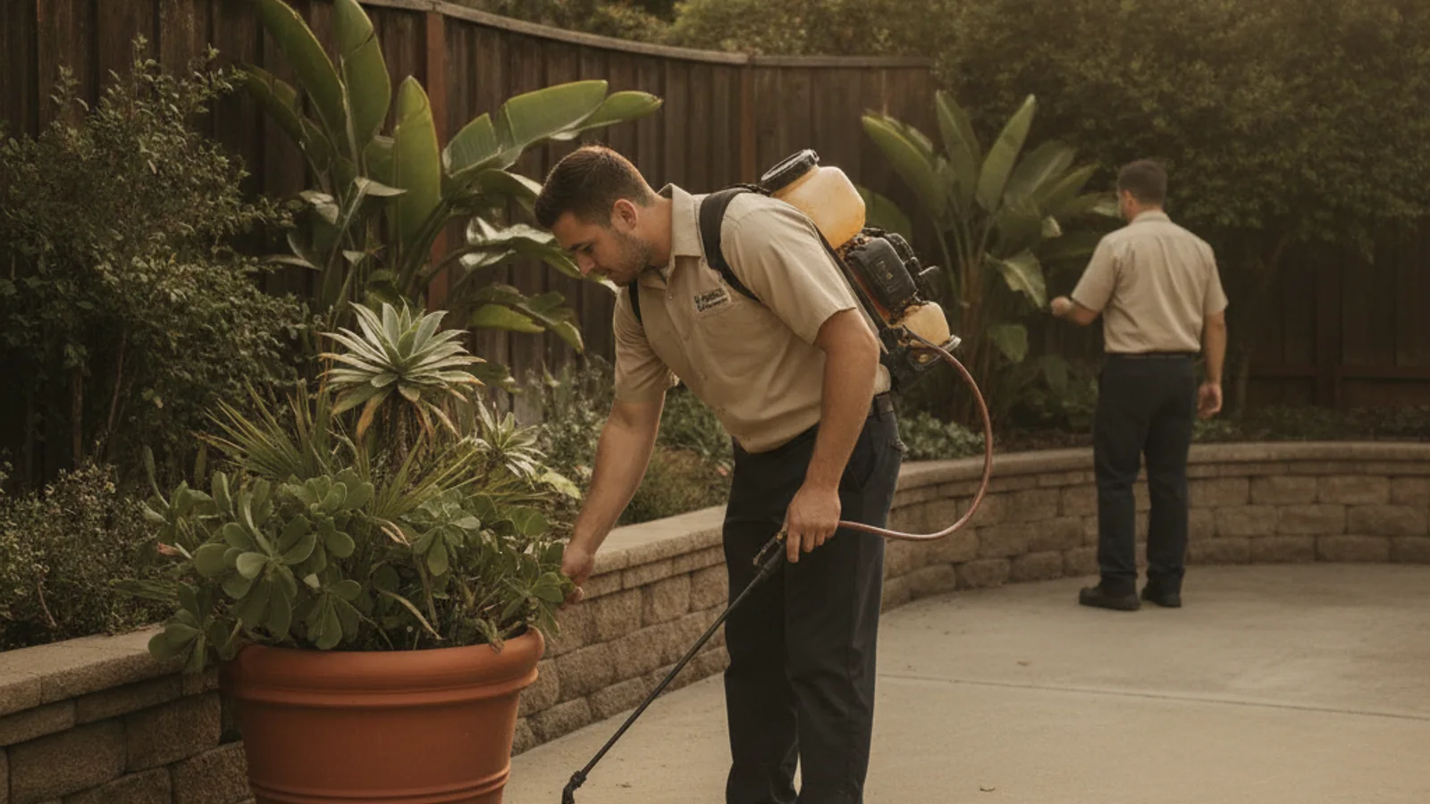 A pest professional checking plant saucers and a yard drain in a shaded San Diego backyard