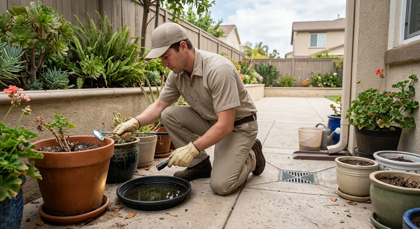 A professional inspecting water-holding containers on a Chula Vista patio