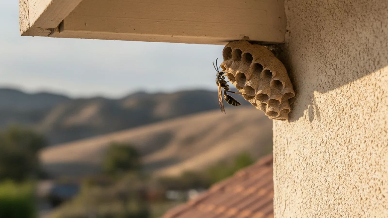 A slender wasp beside a cluster of small dried mud cells built under a residential eave