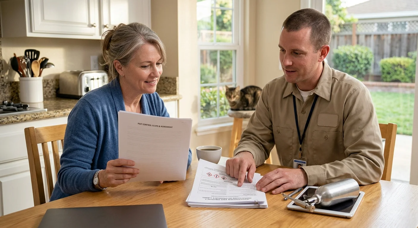 A homeowner and pest company representative reviewing a written service scope