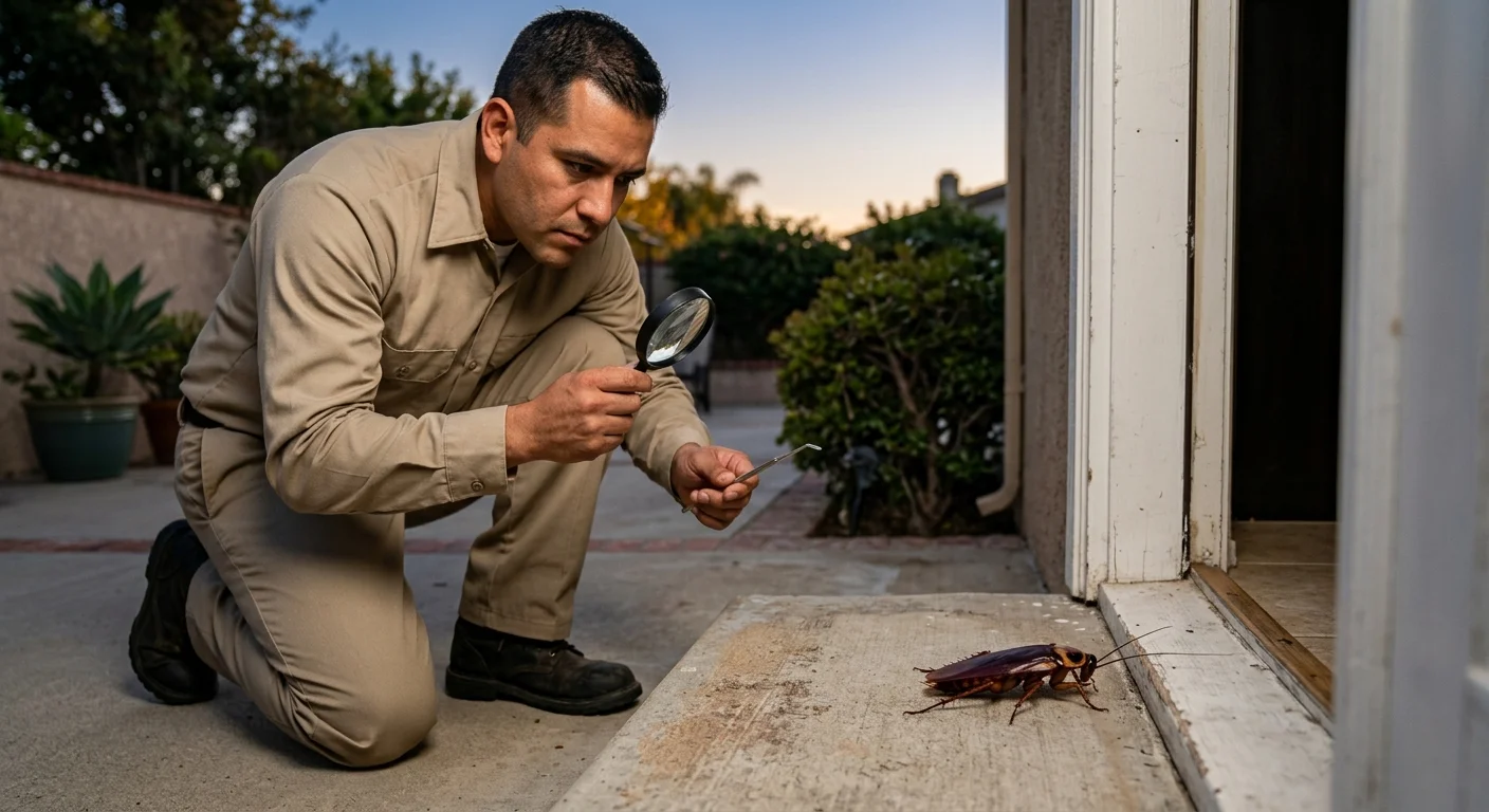 American cockroach on a San Diego patio threshold at dusk