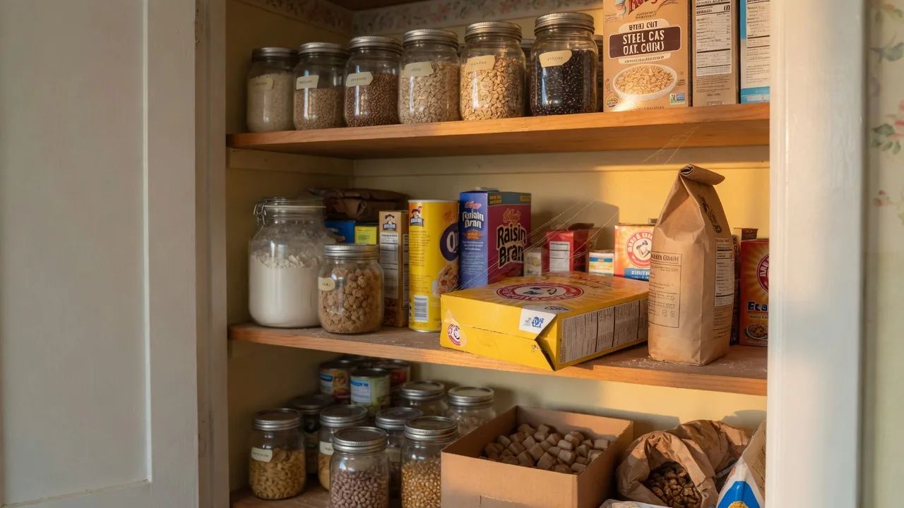 An open San Diego kitchen pantry with dry goods in jars and boxes on wooden shelves