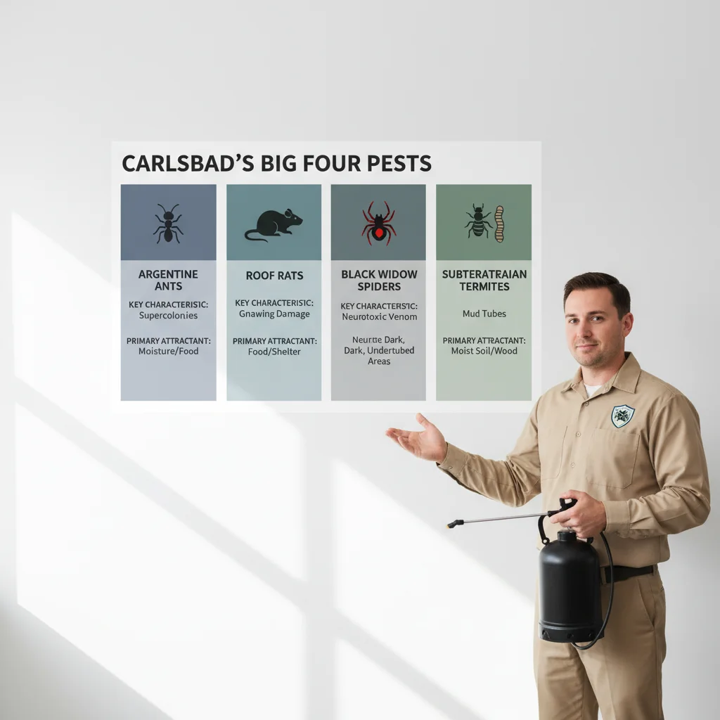 An infographic showing the four most common pests in Carlsbad – Argentine ants, roof rats, black widow spiders, and subterranean termites – with icons and key facts about their attractants and signs.
