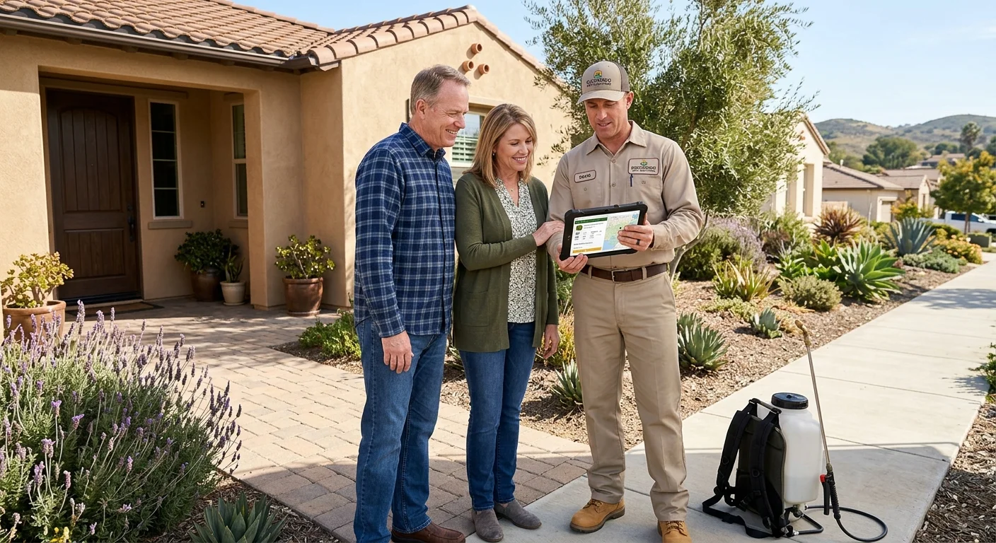 A friendly couple looking at a tablet with a pest control technician in front of their Escondido home.