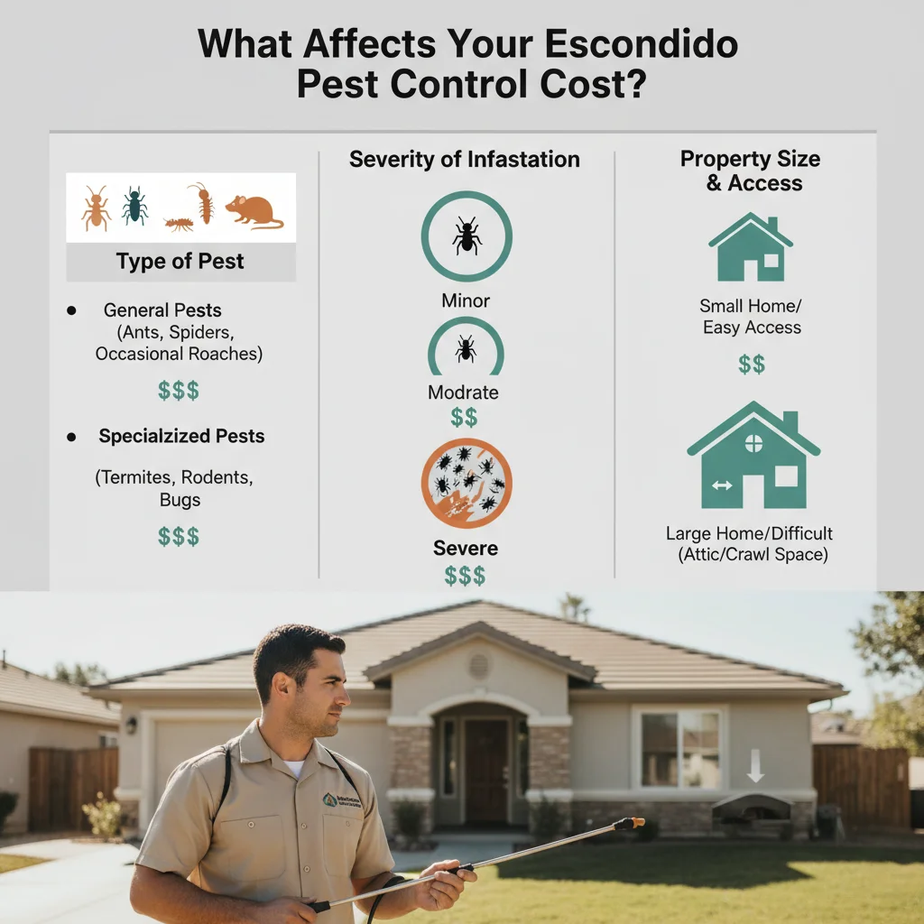 Infographic illustrating key factors that influence pest control costs, including pest type, property size, and infestation severity.
