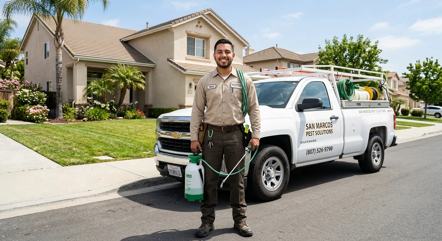 A friendly, professional pest control technician standing in front of a clean truck, with a suburban San Marcos home in the background.