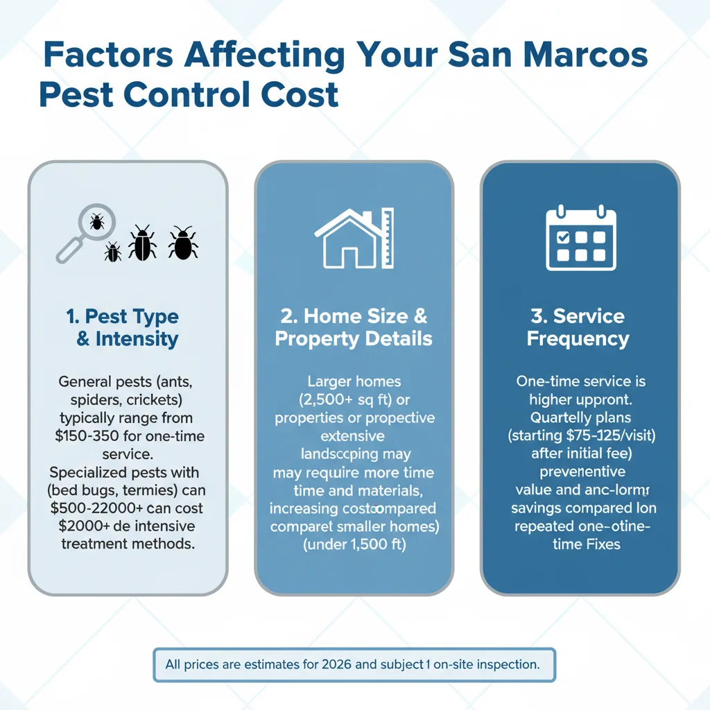 An infographic detailing the factors influencing pest control costs, including pest type, home size, and infestation severity.