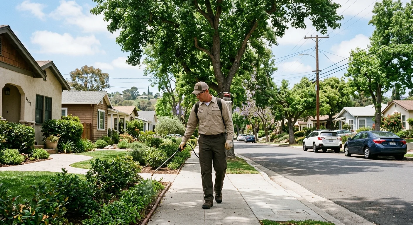 A tree-lined residential street in La Mesa, California.