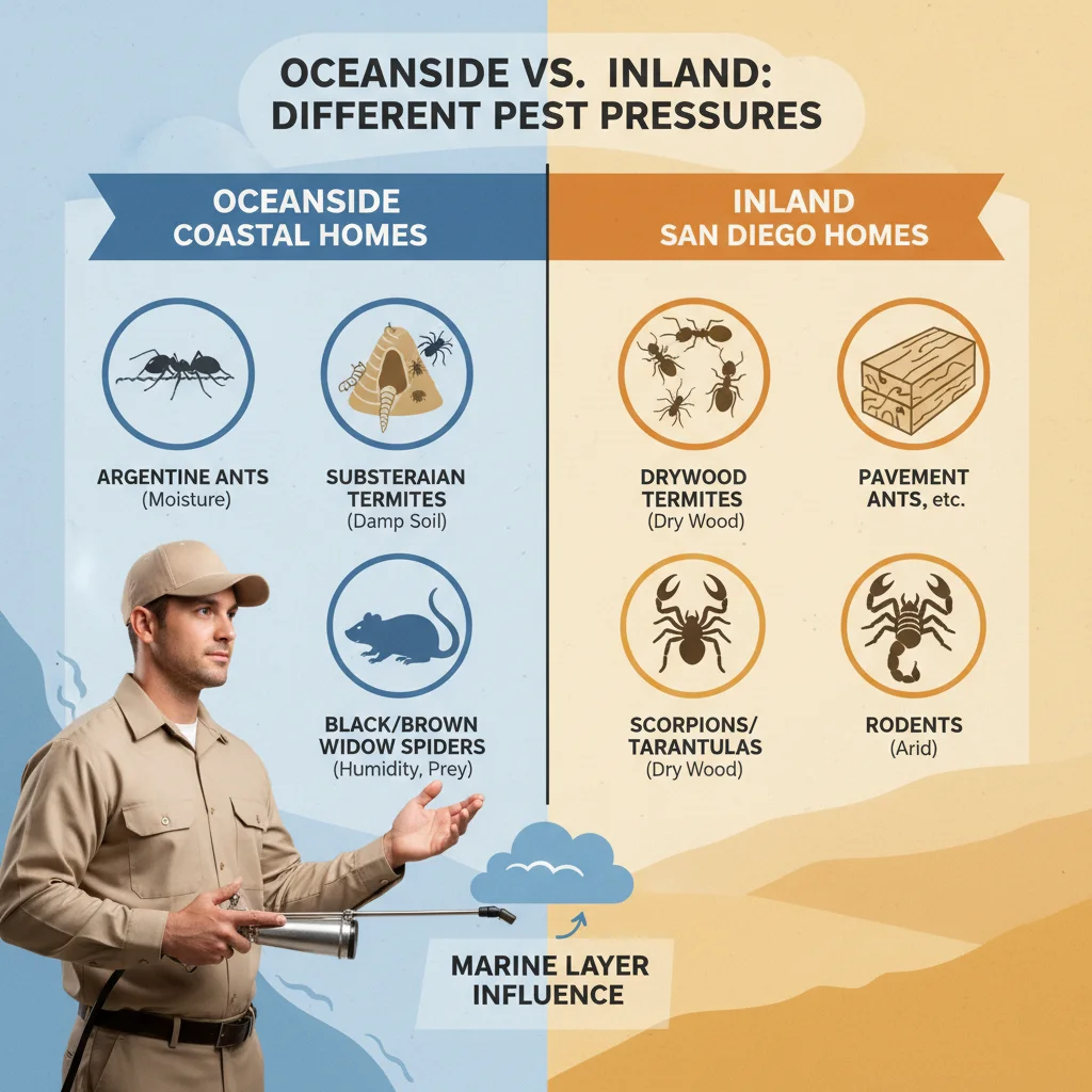 Infographic comparing common coastal pests in Oceanside versus inland San Diego County.