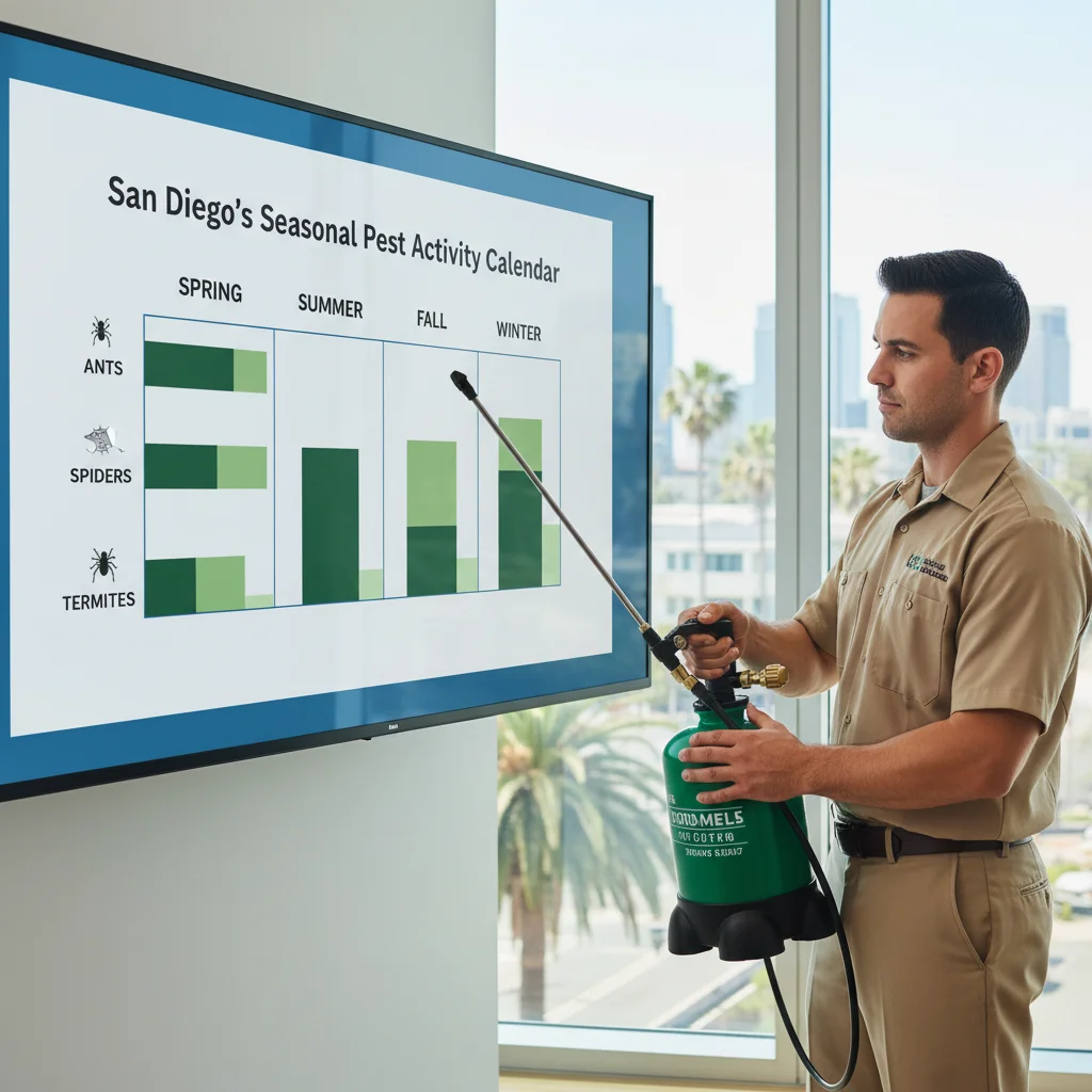 An infographic illustrating common San Diego pests like ants, spiders, rodents, and termites, and their peak activity across spring, summer, fall, and winter.