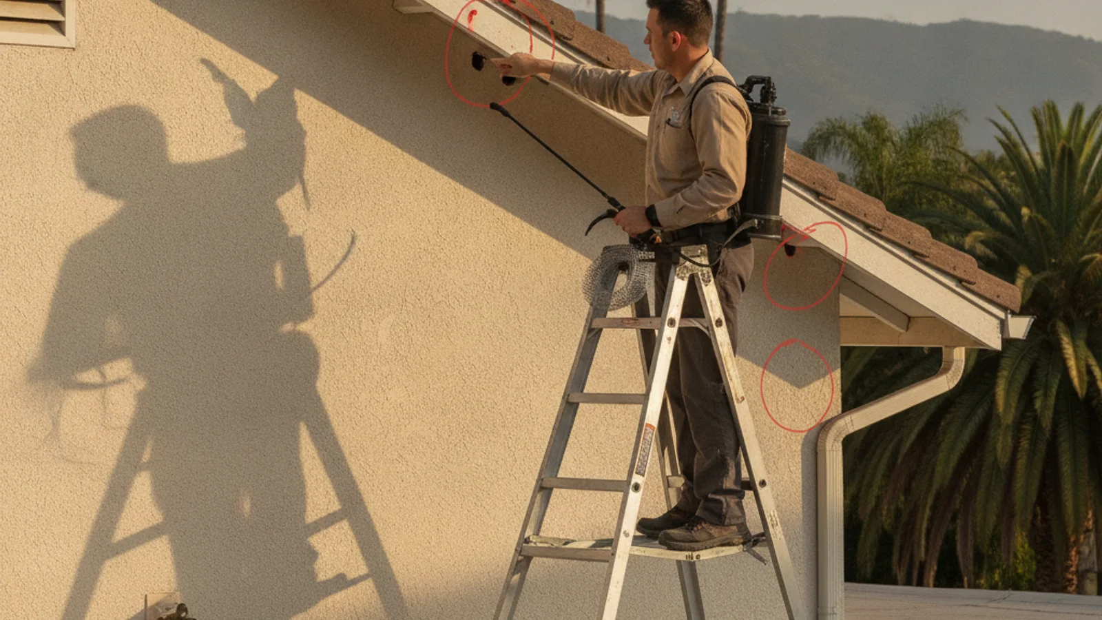 The roofline, garage corner and utility penetrations of a San Diego home with small rodent entry gaps visible