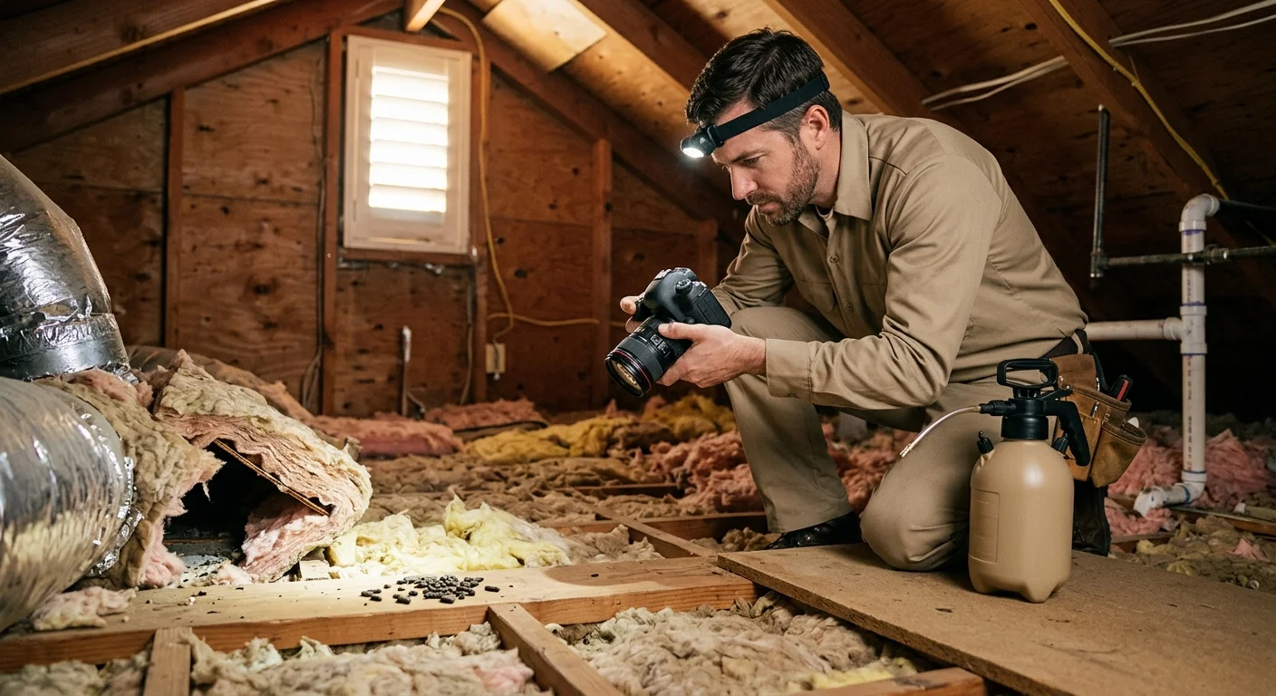 A licensed rodent professional documenting attic access and a possible entry gap
