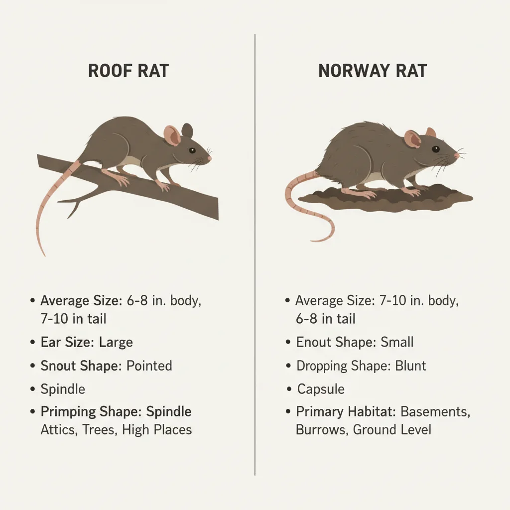 Infographic comparing key identification features of roof rats and Norway rats, including size, tail, ears, and common harborage points.