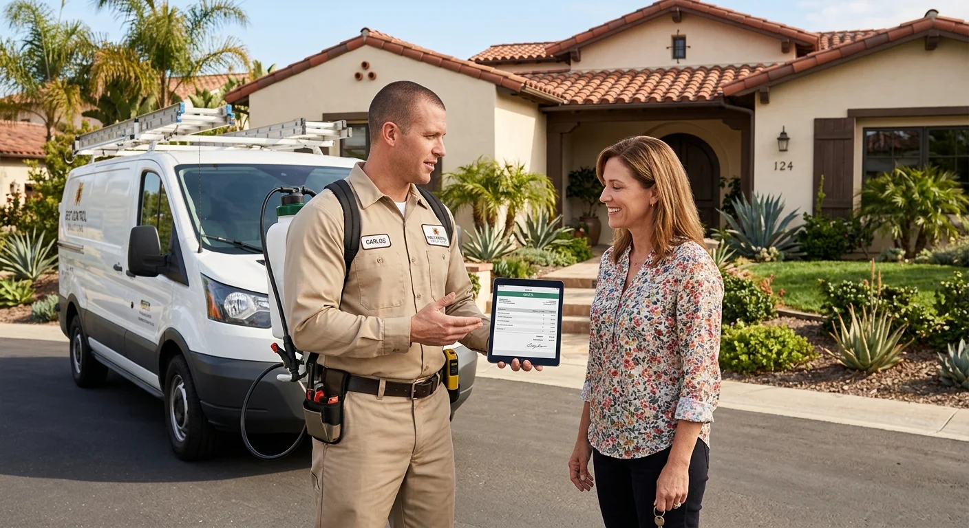 A pest control professional providing a quote on a tablet to a homeowner in their driveway, with a San Diego-style house in the background.