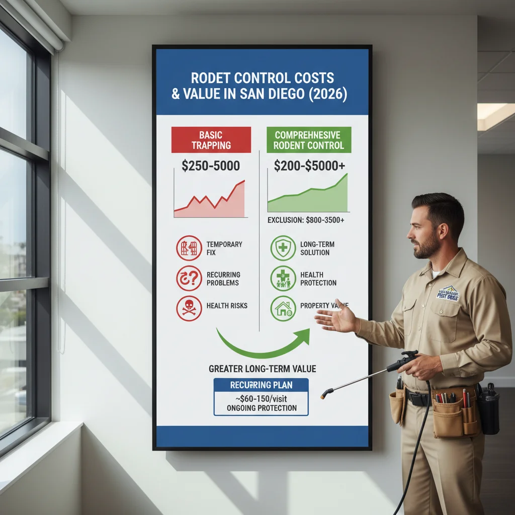 An infographic comparing the typical costs and long-term value of basic rodent trapping versus comprehensive exclusion and cleanup services in San Diego.