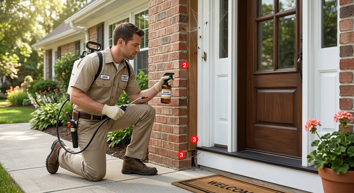 A clean residential doorway with webs, small entry gaps, and an unbranded spider