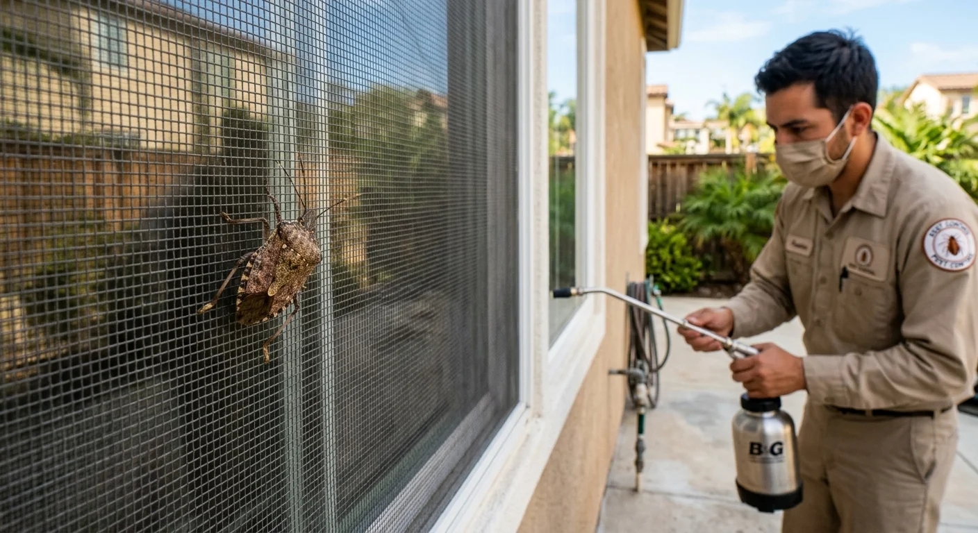 A clear close-up of a brown marmorated stink bug on a window screen of a San Diego home.