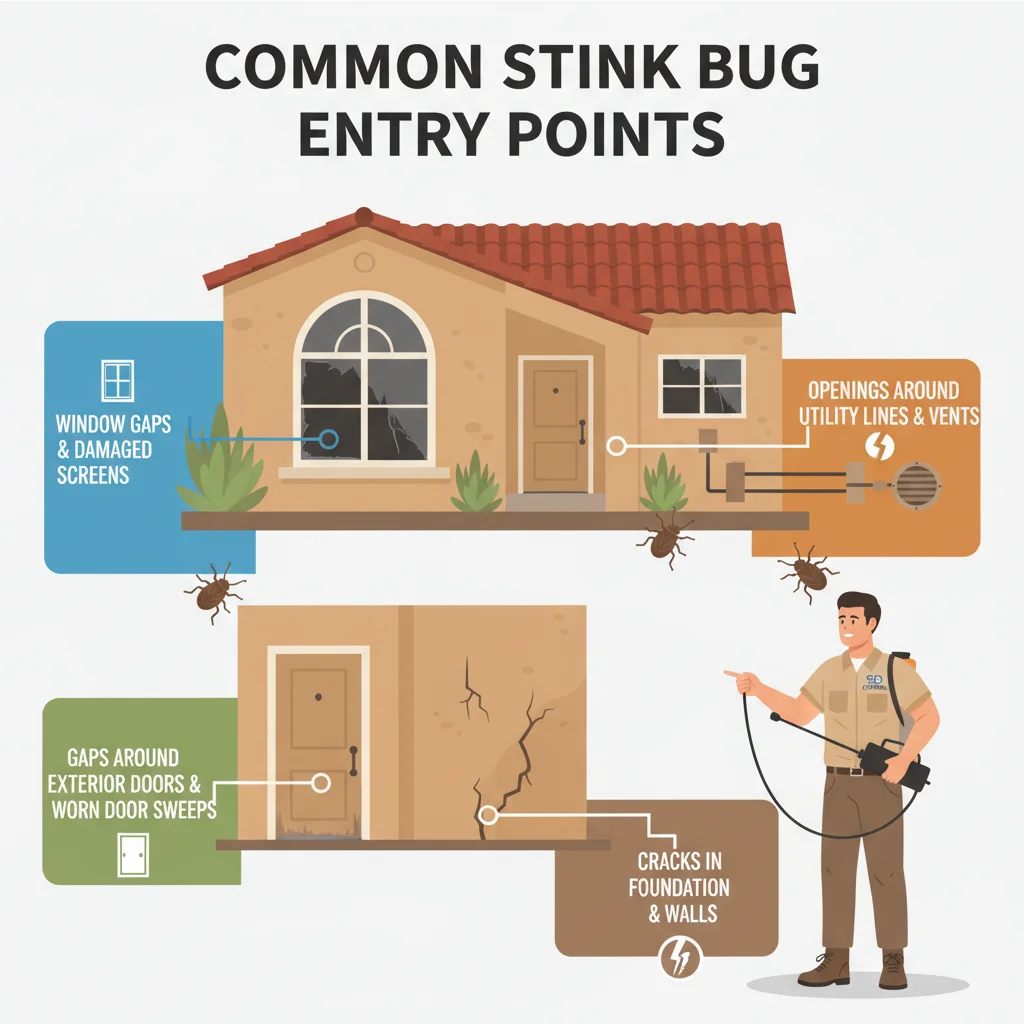An infographic showing common household entry points for stink bugs, including window gaps, door sweeps, foundation cracks, and utility pipe openings.
