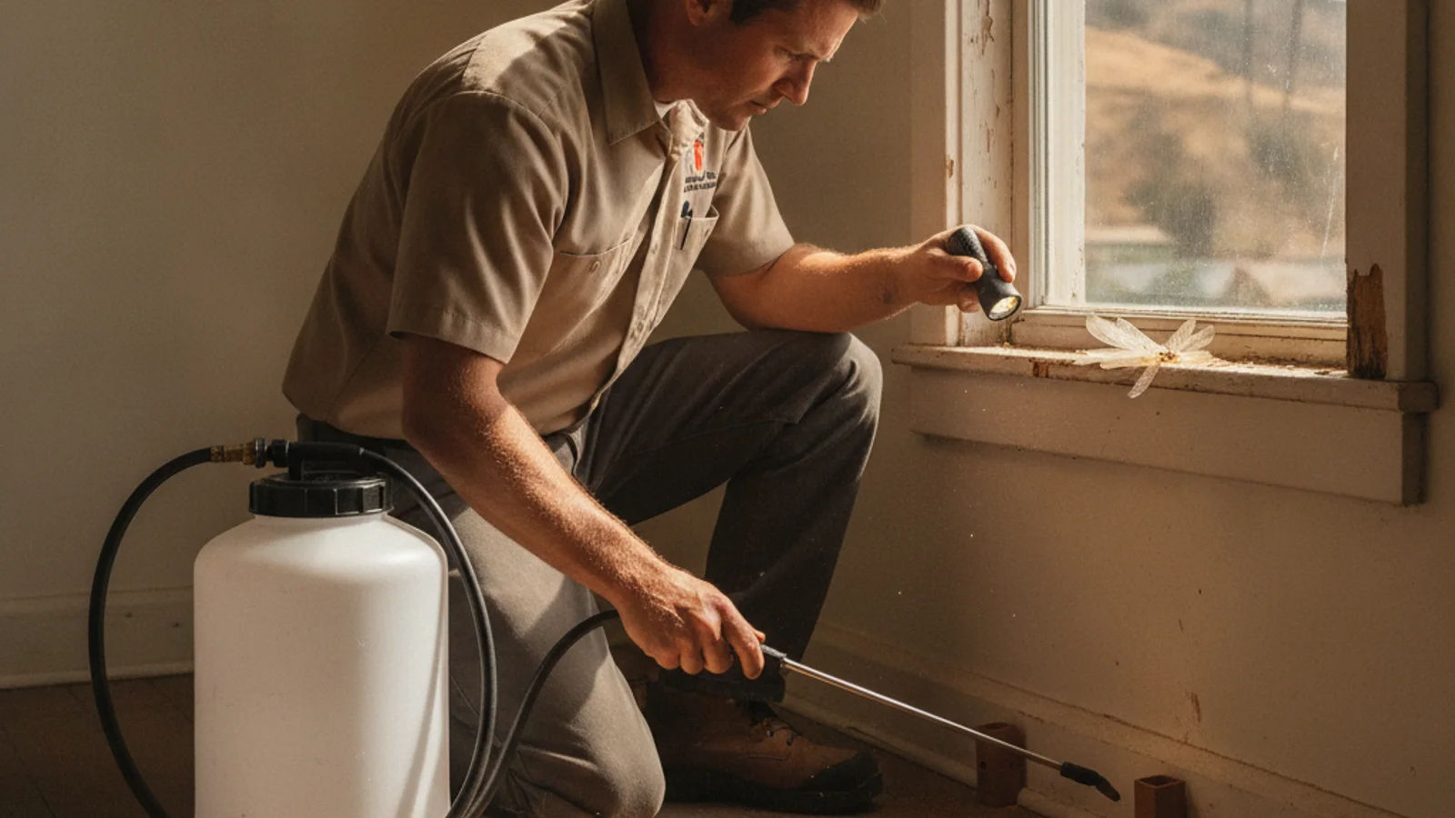 An inspector examining shed insect wings and fine wood debris on a window sill