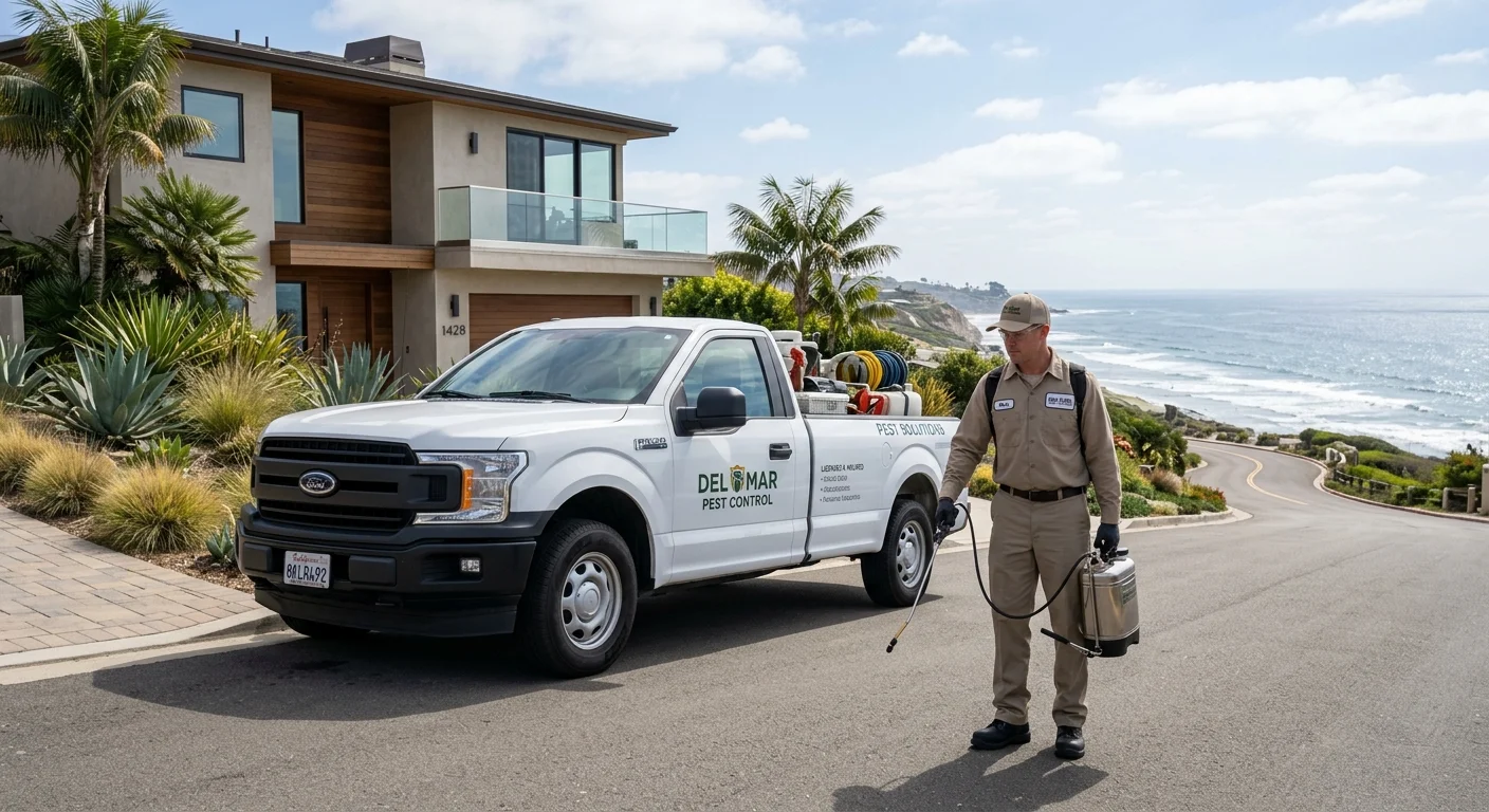 A clean, professional pest control truck parked in front of a modern home in Del Mar, CA, with the ocean visible in the background.