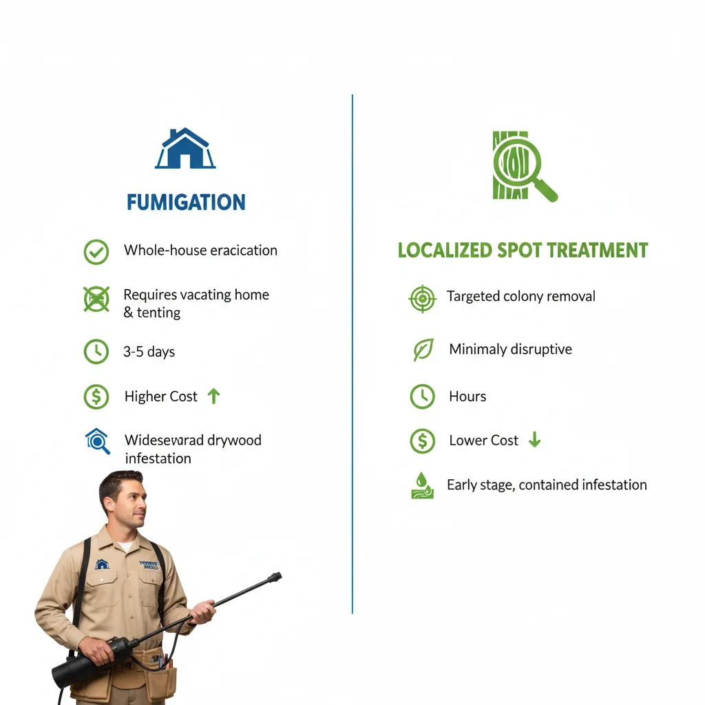 Infographic comparing fumigation and localized termite treatment methods, showing their pros, cons, and key differences in effectiveness, invasiveness, and cost.