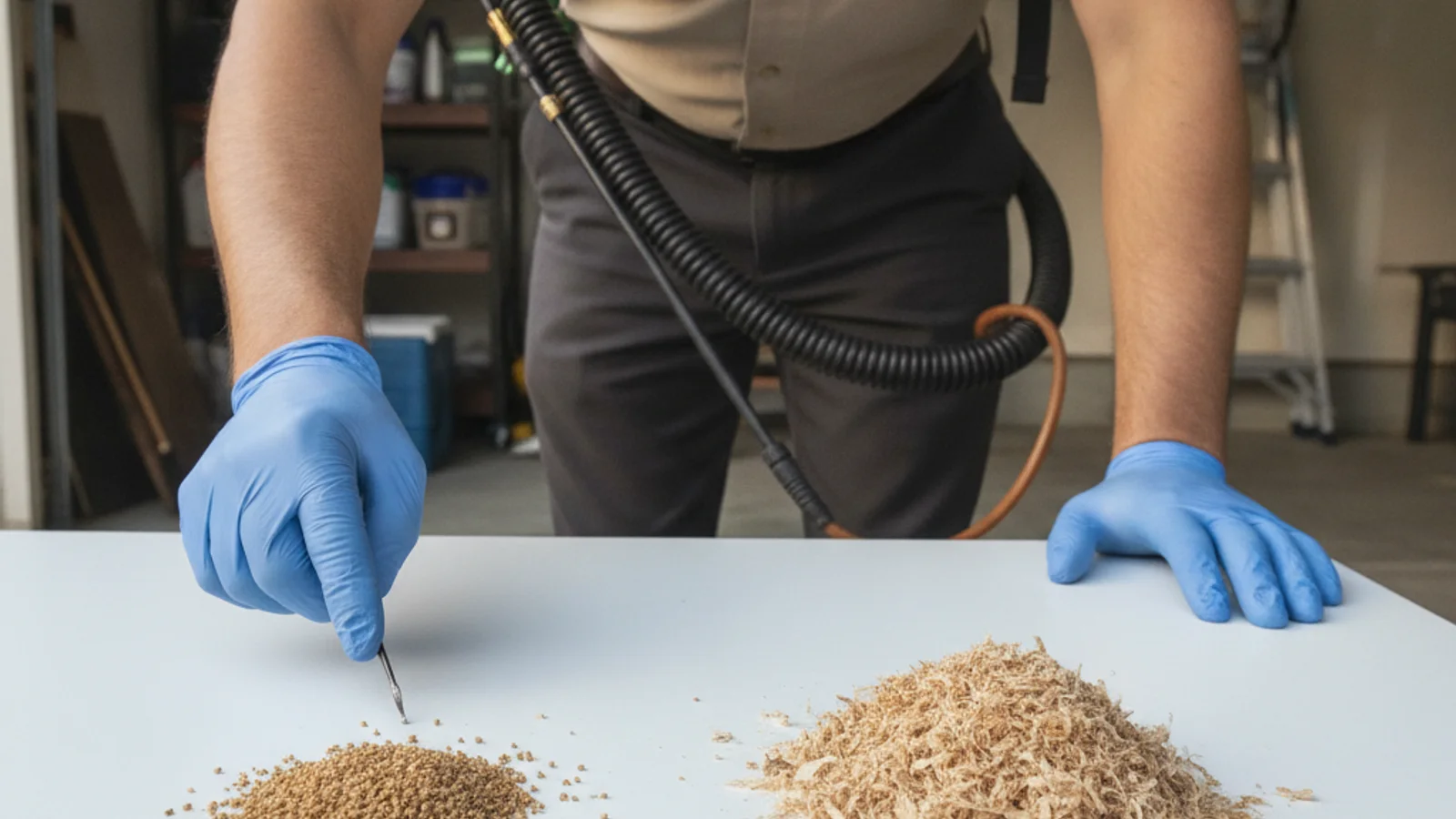 A close-up of six-sided drywood termite pellets beside a small pile of ordinary wood sawdust