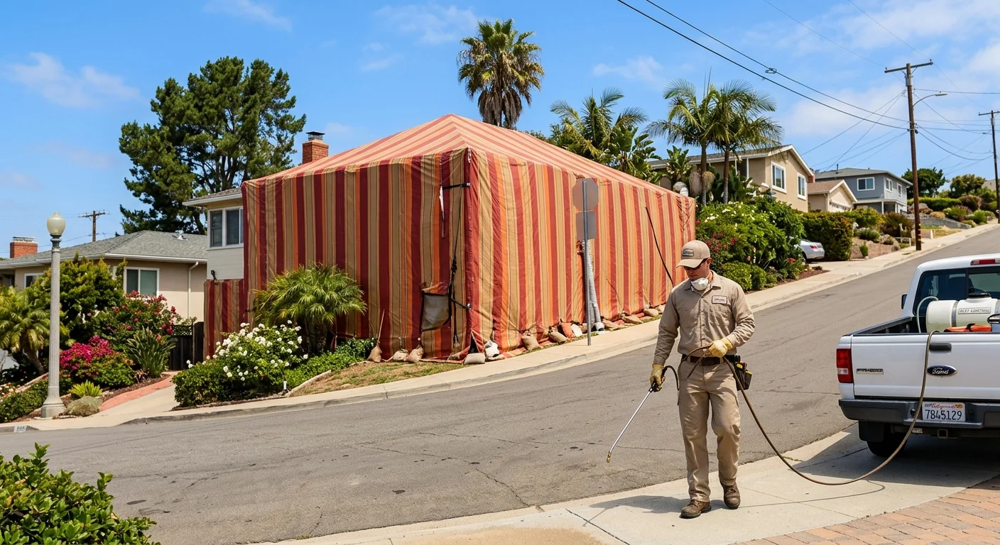 A residential home in San Diego covered with a striped fumigation tent on a sunny day.