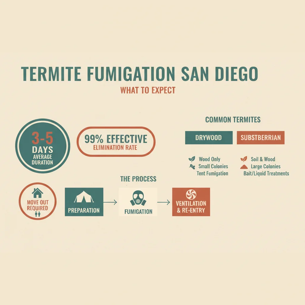 A simple timeline graphic showing the 5 stages of termite tenting from inspection to re-entry.
