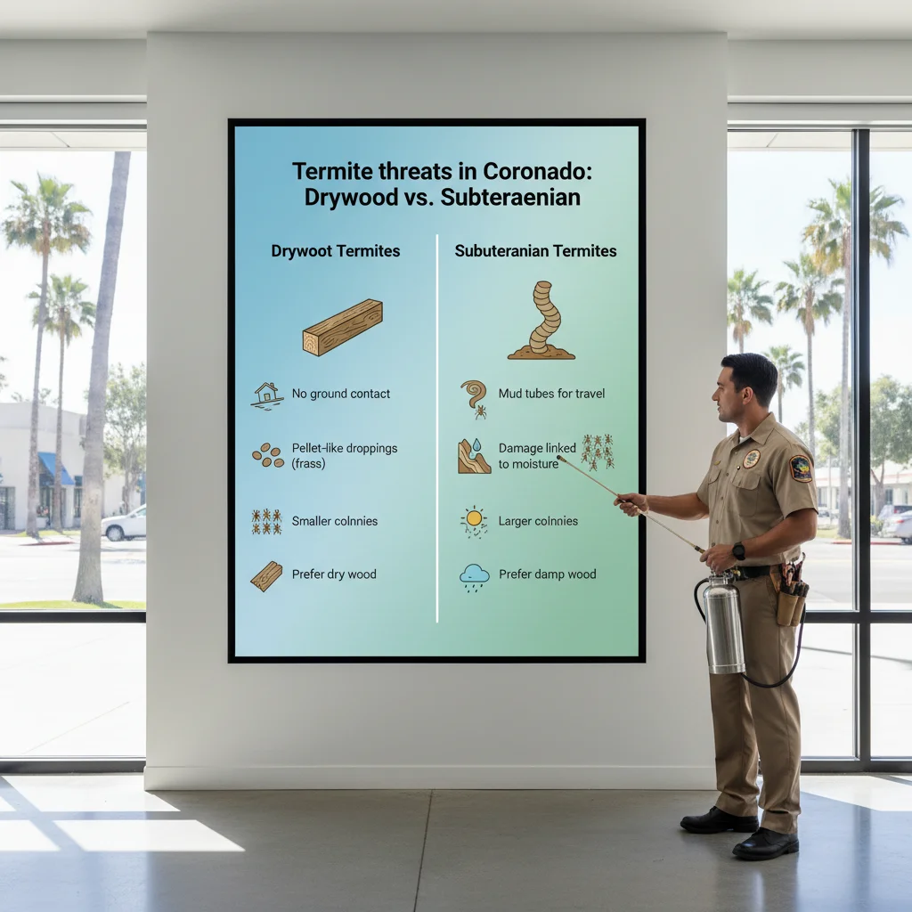 Infographic detailing common termite types in Coronado, their signs, and damage patterns.
