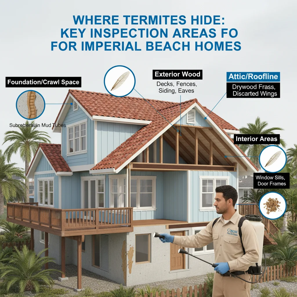 Infographic detailing the key areas and signs our inspectors look for during a termite inspection in Imperial Beach.