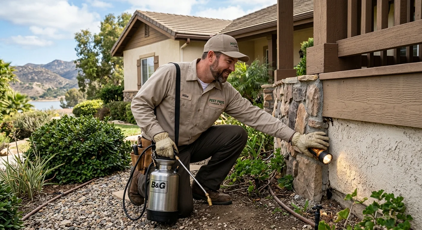 A friendly pest control technician in a Pest Pros uniform inspecting the exterior foundation of a classic Lakeside, CA home with a flashlight.