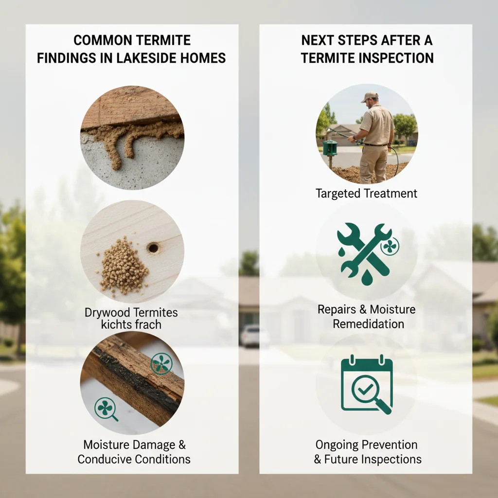 Infographic detailing common termite findings in Lakeside homes and recommended next steps after a termite inspection.