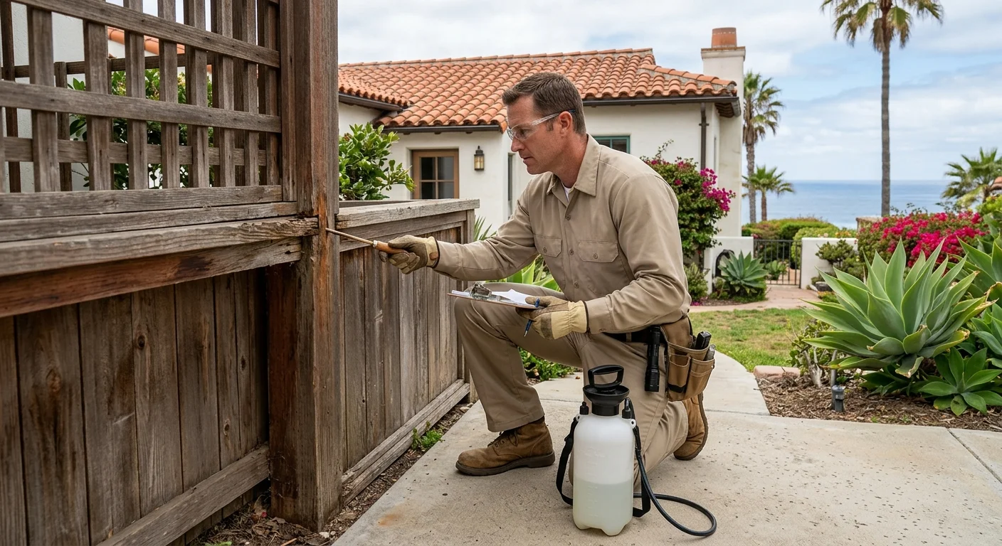 Licensed termite inspector documenting exterior wood at a La Jolla rental