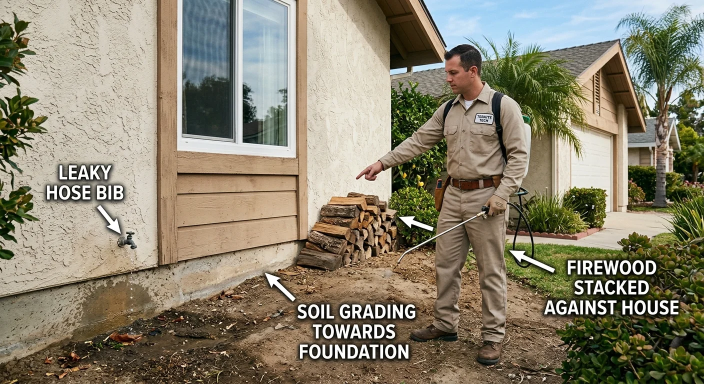 A San Diego home with clear labels pointing to potential termite risk areas: leaky hose bib, firewood stacked against the house, soil grading towards the foundation.