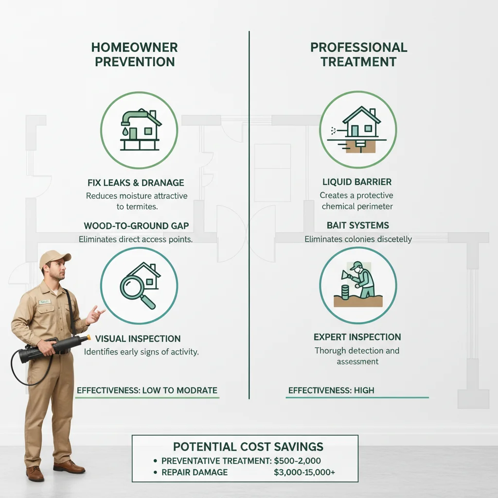 Infographic illustrating common homeowner termite prevention tasks and the benefits of professional preventative treatment, including cost ranges and effectiveness.
