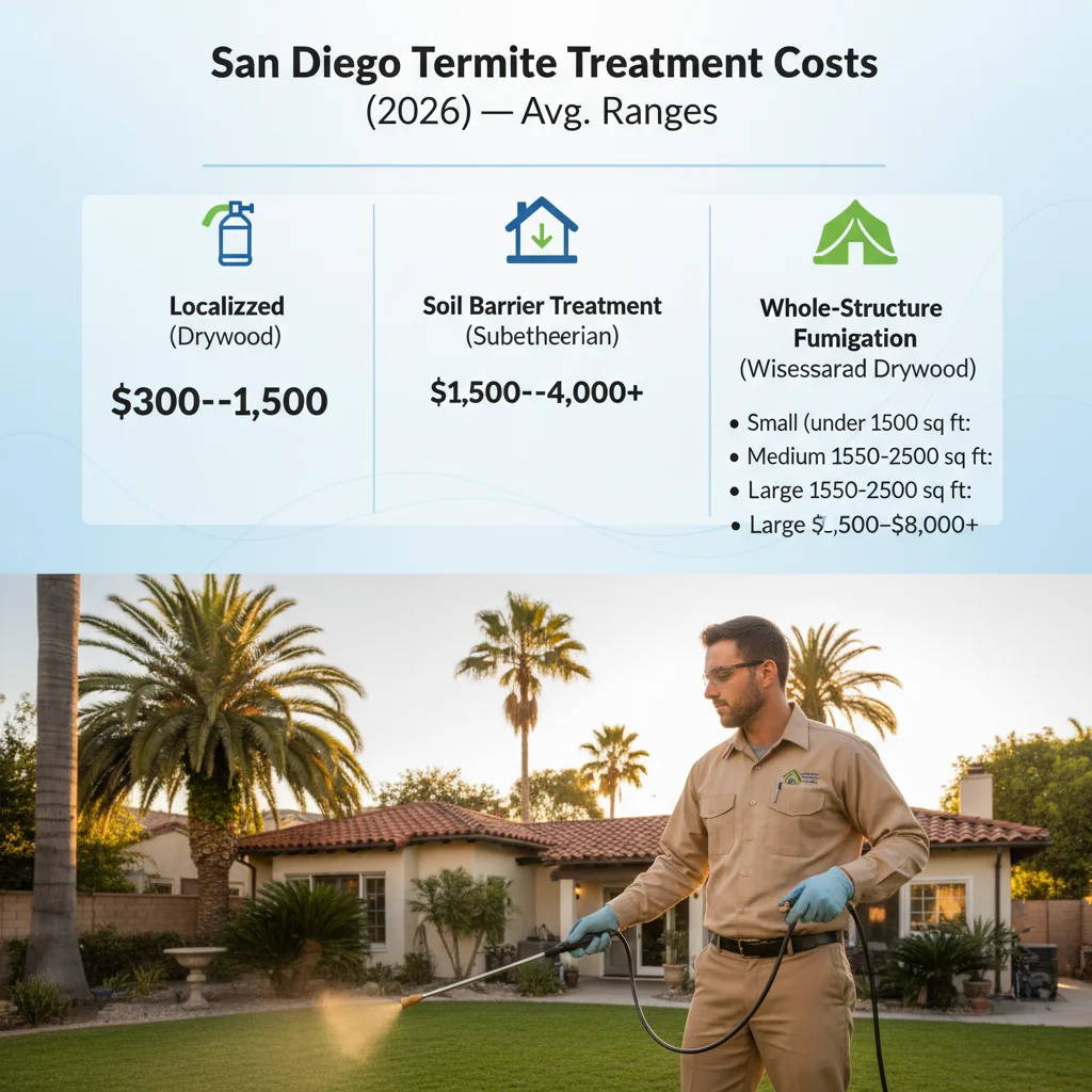 Infographic detailing average termite treatment costs in San Diego for 2026, comparing localized, soil barrier, and fumigation methods based on house size and termite type.
