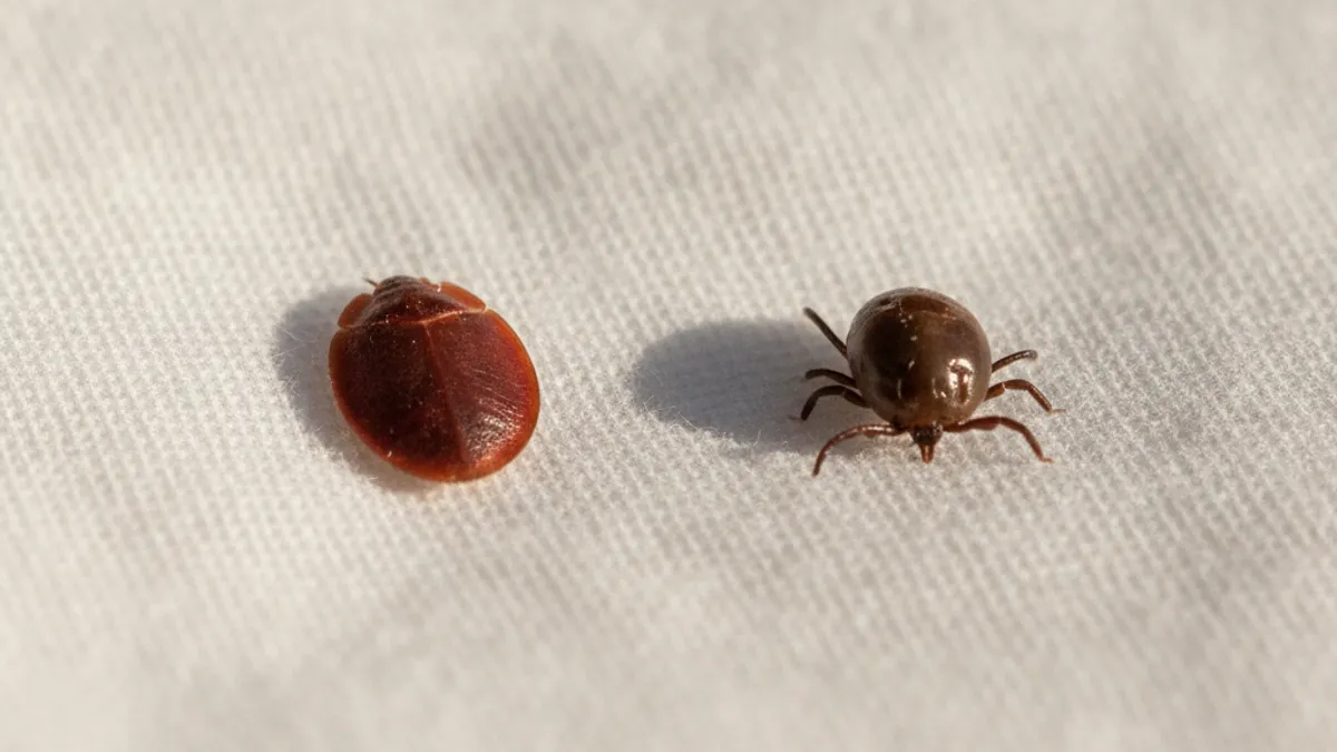 Side-by-side comparison of a flat reddish-brown bed bug and a small round tick on a white bedsheet