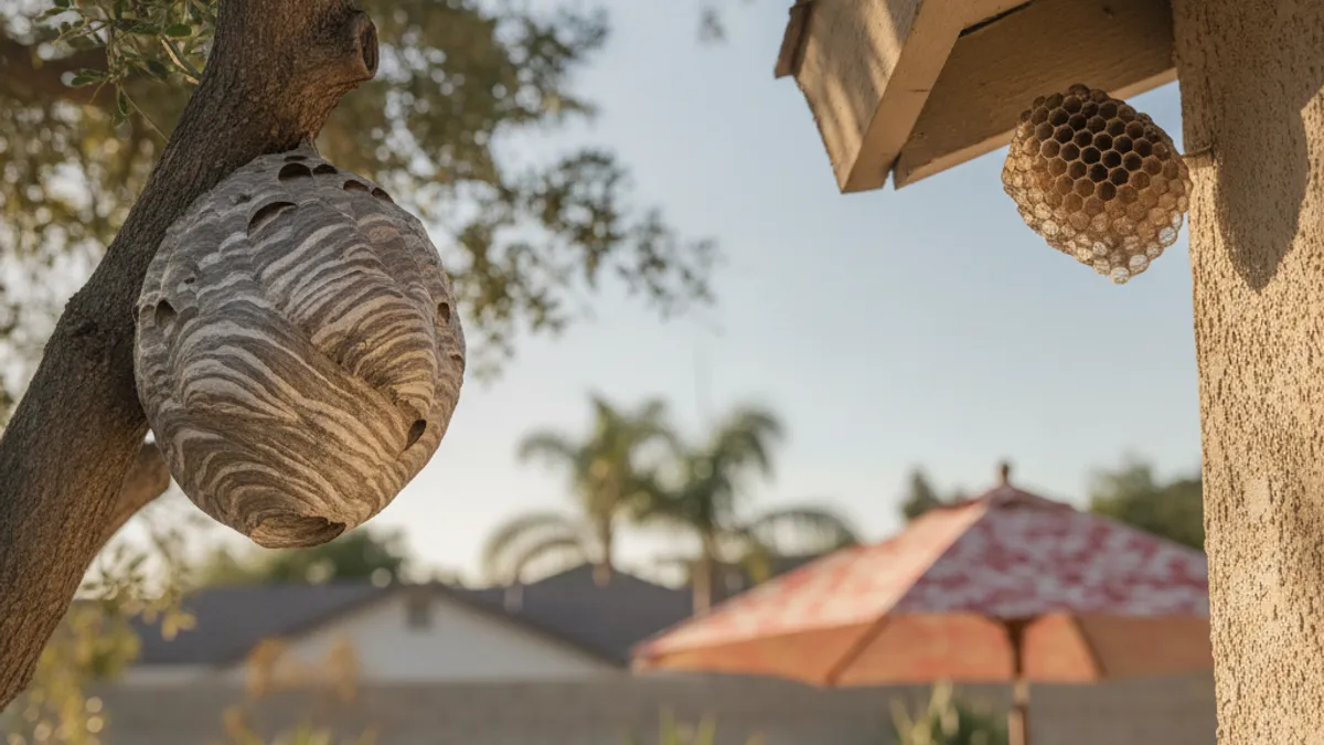 A large gray, papery baldfaced hornet nest hanging from a tree branch next to an open umbrella-shaped paper wasp nest under a San Diego eave