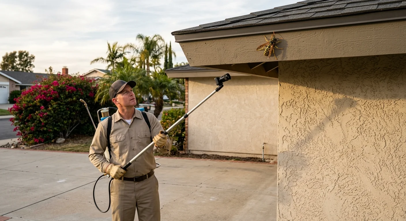 Large wasp on a San Diego eave in late-season light