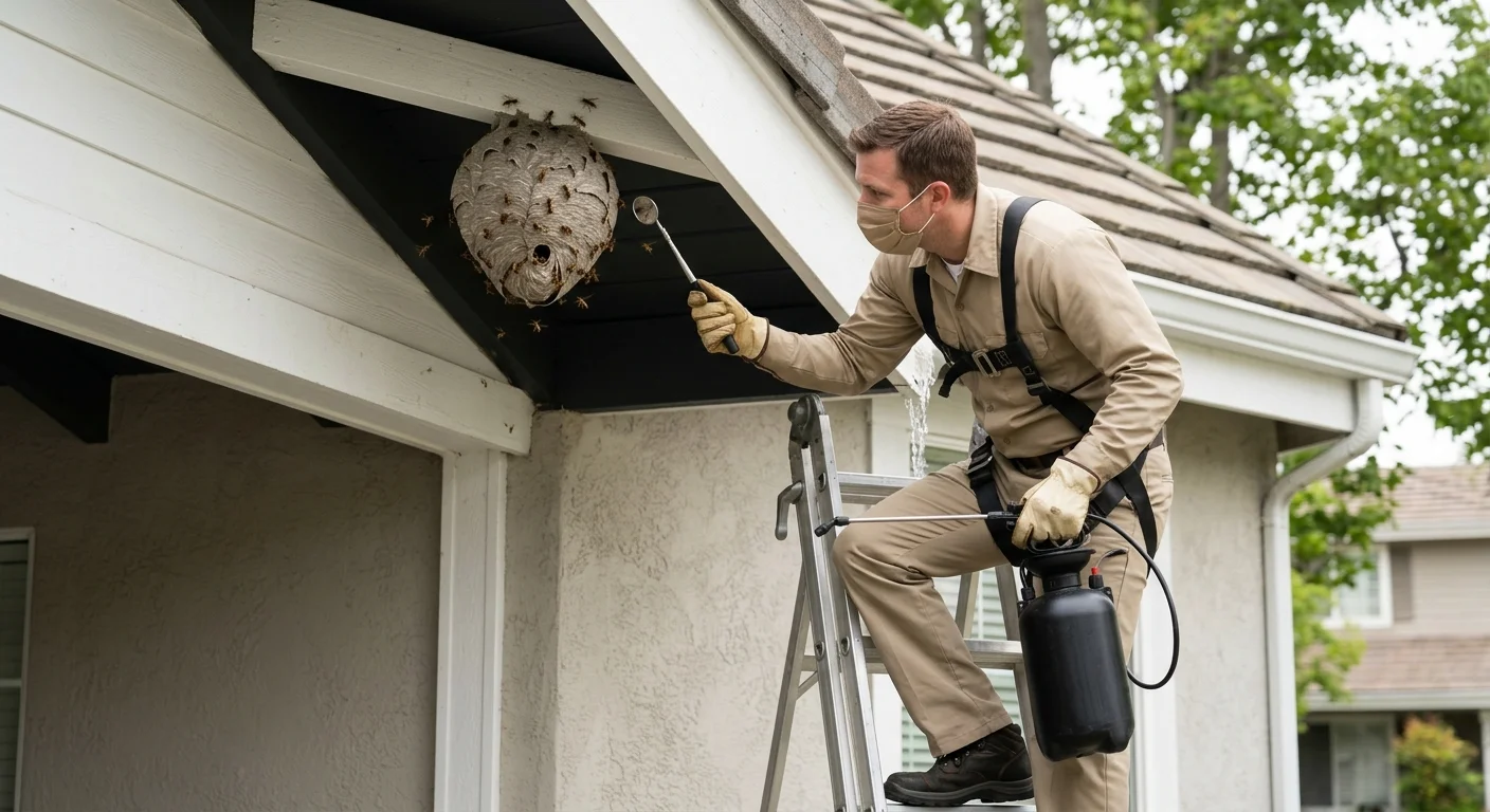 Unbranded wasp repellent beside a paper nest under a residential eave