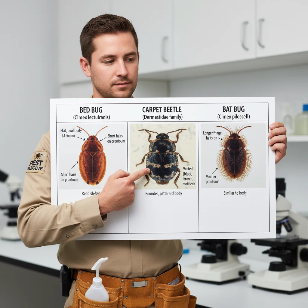 Infographic comparing bed bugs to similar insects like carpet beetles and bat bugs, highlighting key differences in appearance.