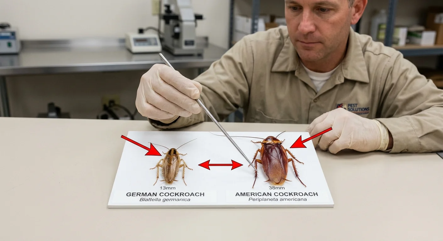 A detailed, side-by-side comparison image of a German cockroach and an American cockroach on a neutral background, with arrows pointing to key differences.