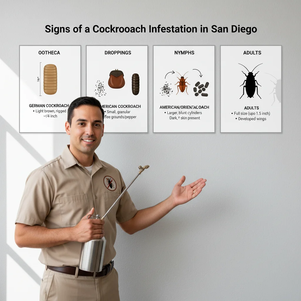Visual guide to identifying cockroach eggs, droppings, nymphs, and adults with key characteristics.