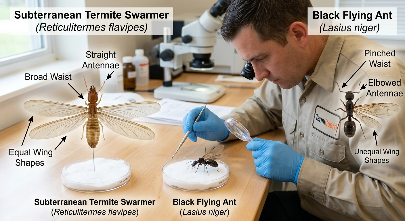 A high-resolution, side-by-side comparison image of a subterranean termite swarmer and a black flying ant, with arrows pointing to the distinct waist, antennae, and wing shapes.