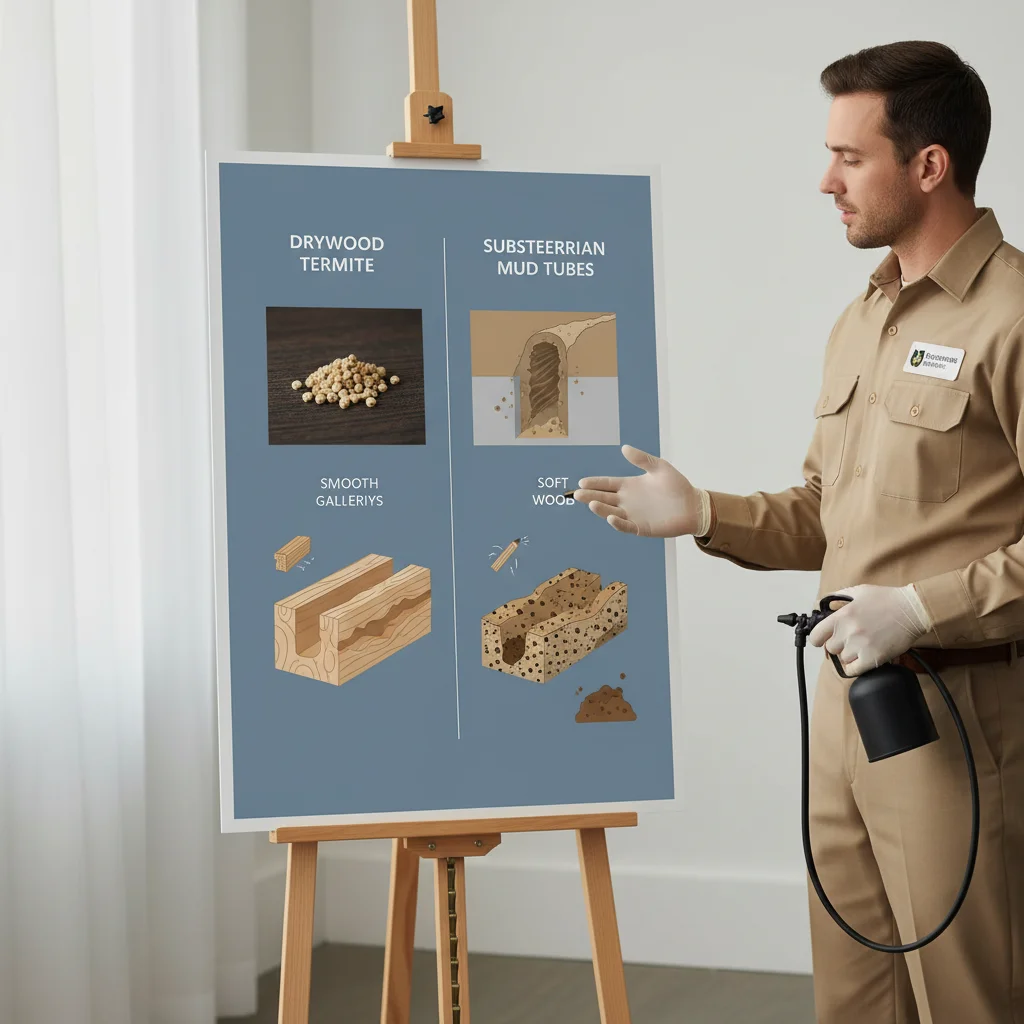An infographic showing the visual differences between drywood termite frass and subterranean termite mud tubes, alongside typical damage patterns for each type.
