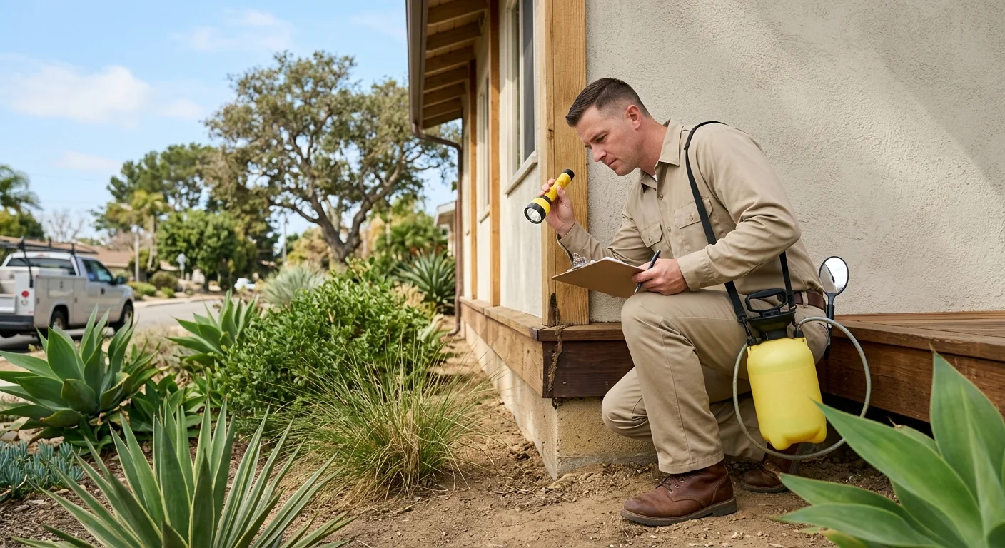 Licensed inspector documenting accessible wood and foundation at a San Diego home