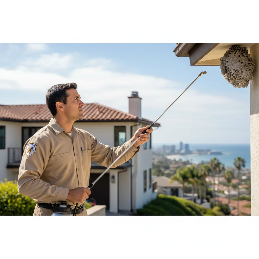 A large paper wasp nest hanging from the eaves of a San Diego home.