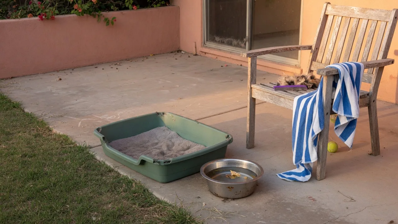 A San Diego patio with a dog bed, water bowl, and grass meeting a patio slab