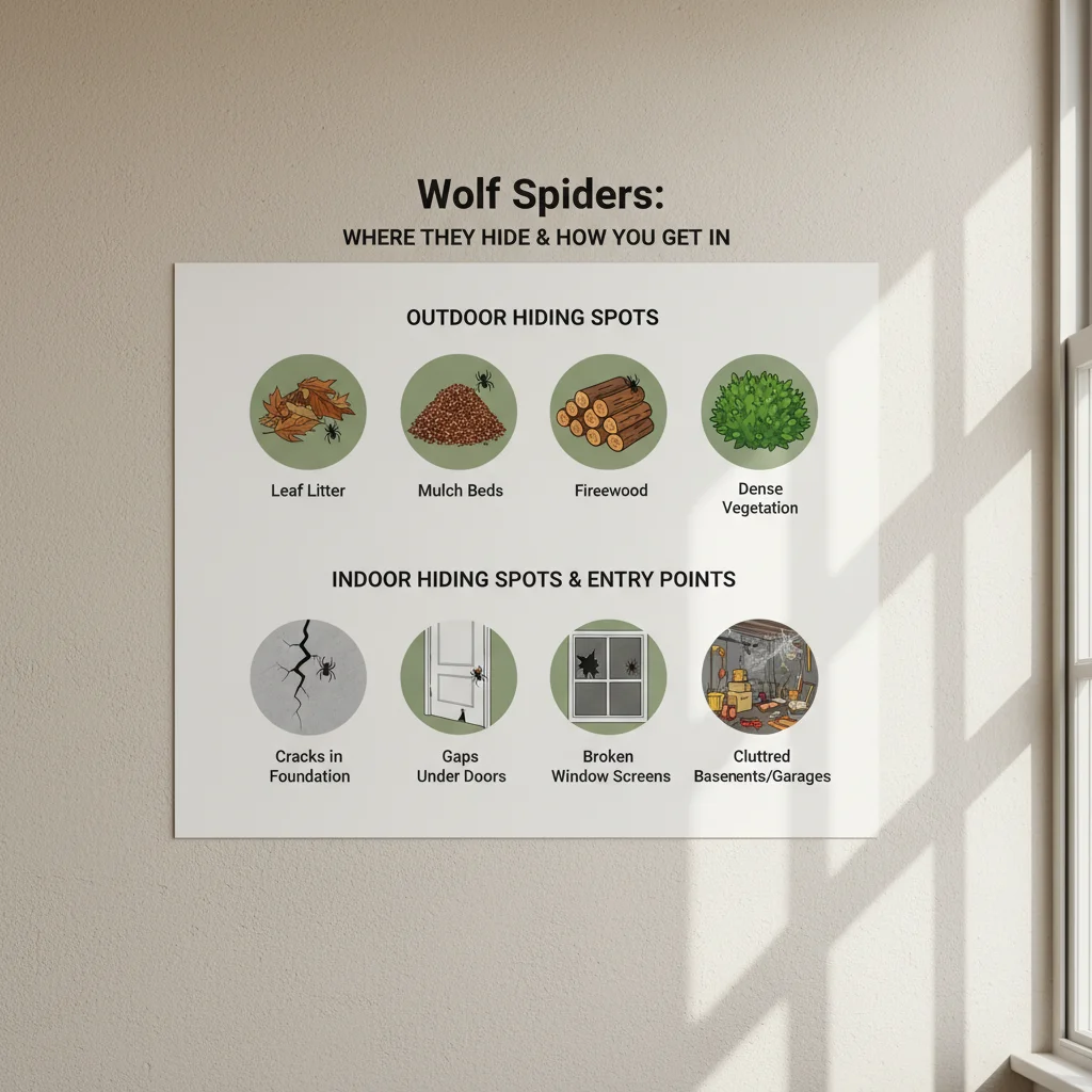Infographic showing common outdoor and indoor hiding spots for wolf spiders, along with typical entry points into San Diego homes.